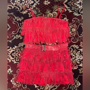 Two piece Red rhinestone Fringe skort and top perfect for a Taylor Swift concert